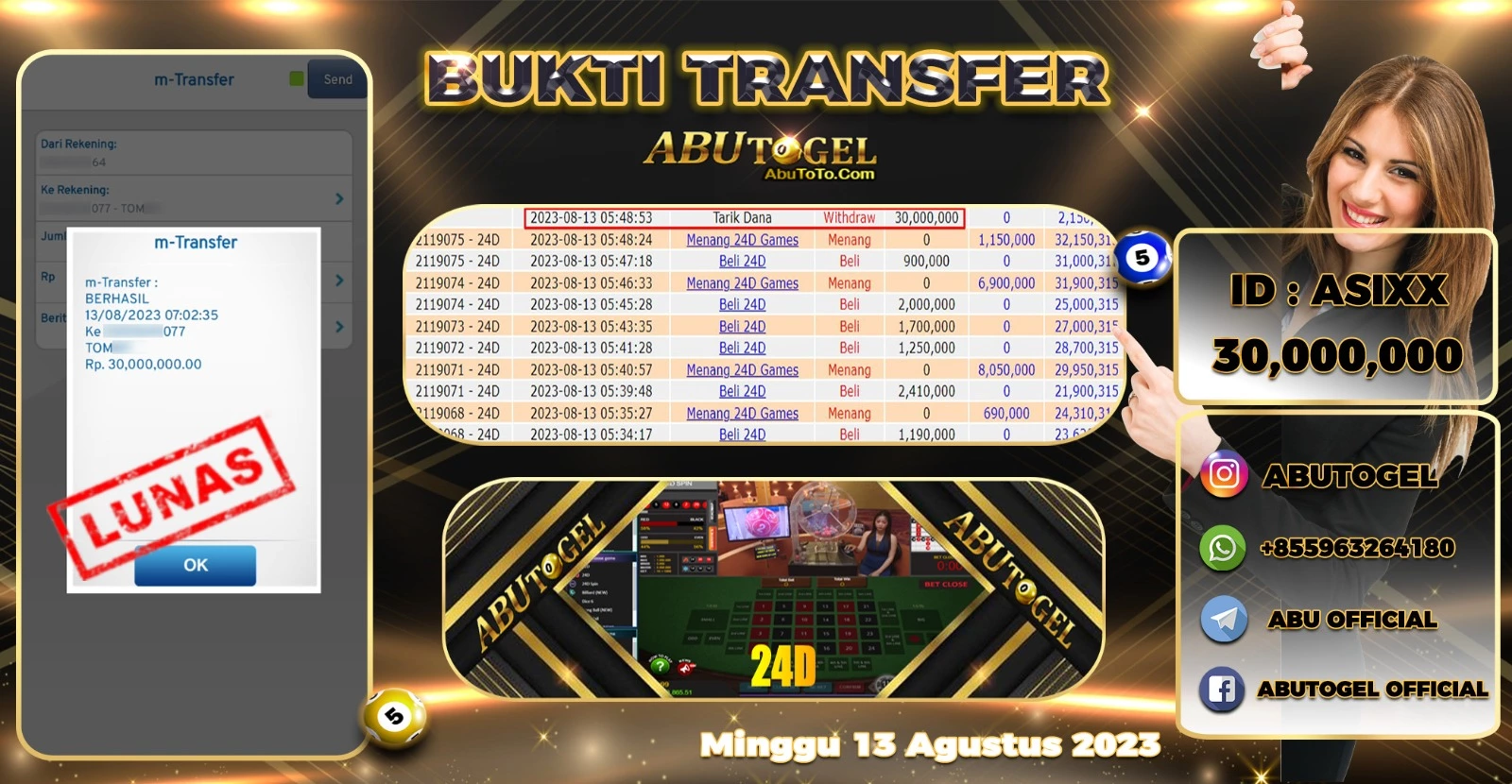 Bukti Jackpot Abu Togel Live Casino Minggu 13 Agustus 2023