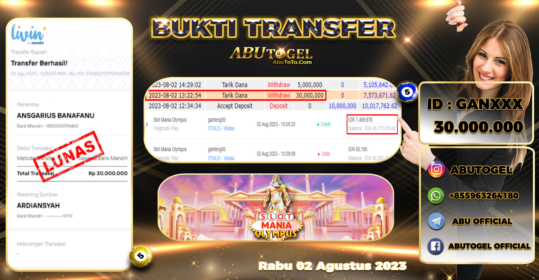 Bukti Jackpot Abu Togel Slot Online Rabu 02 Agutus 2023