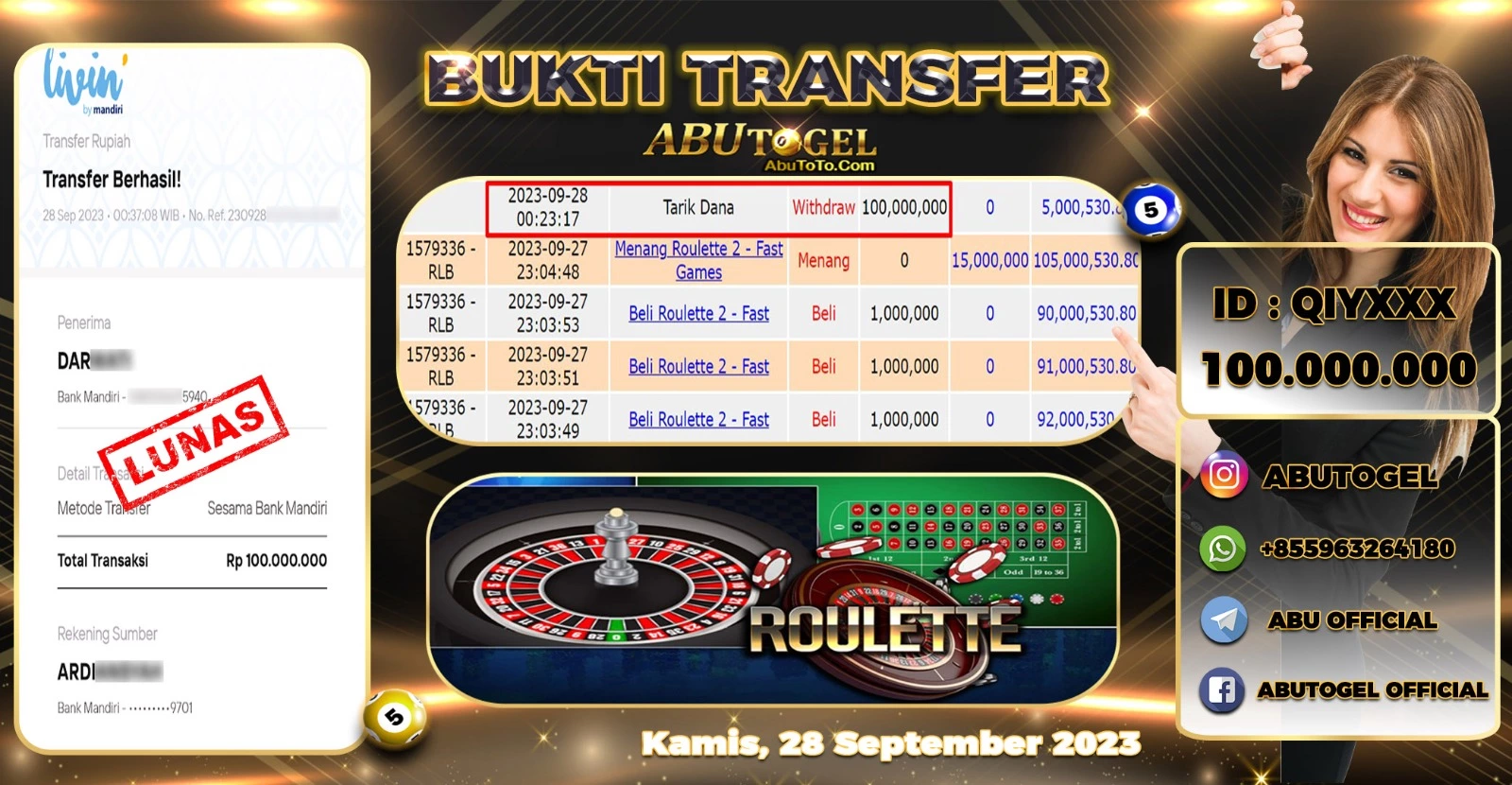 Bukti Jackpot Abu Togel Live Casino Kamis 28 September 2023