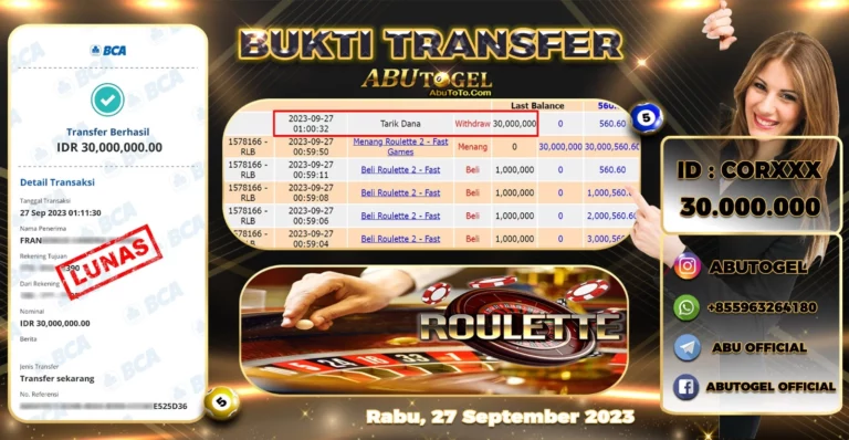 Bukti Jackpot Abu Togel Live Casino Rabu 25 September 2023