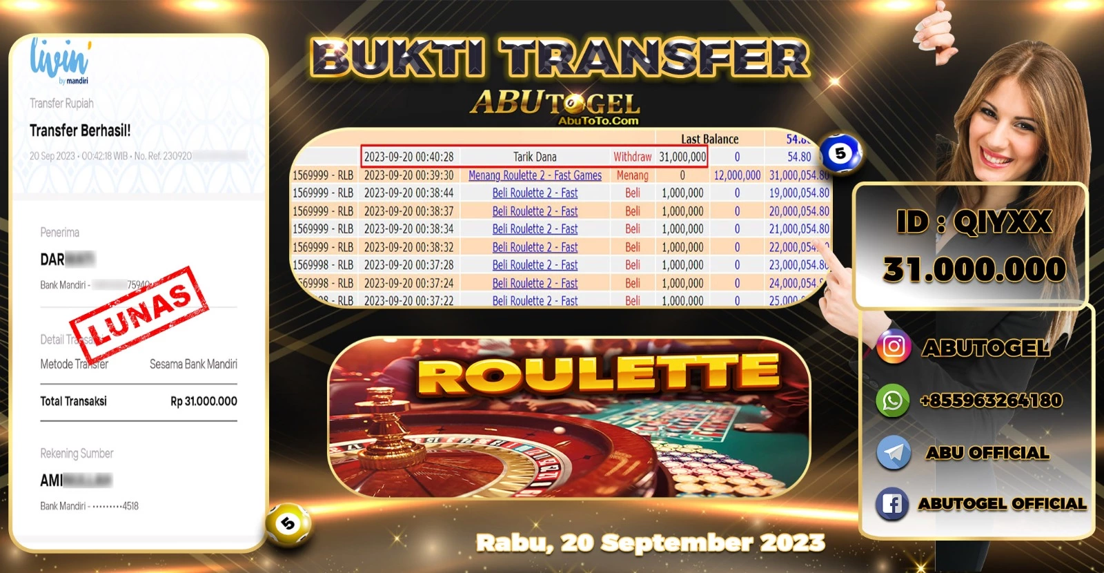 Bukti Jackpot Abu Togel Live Casino Rabu 20 September 2023