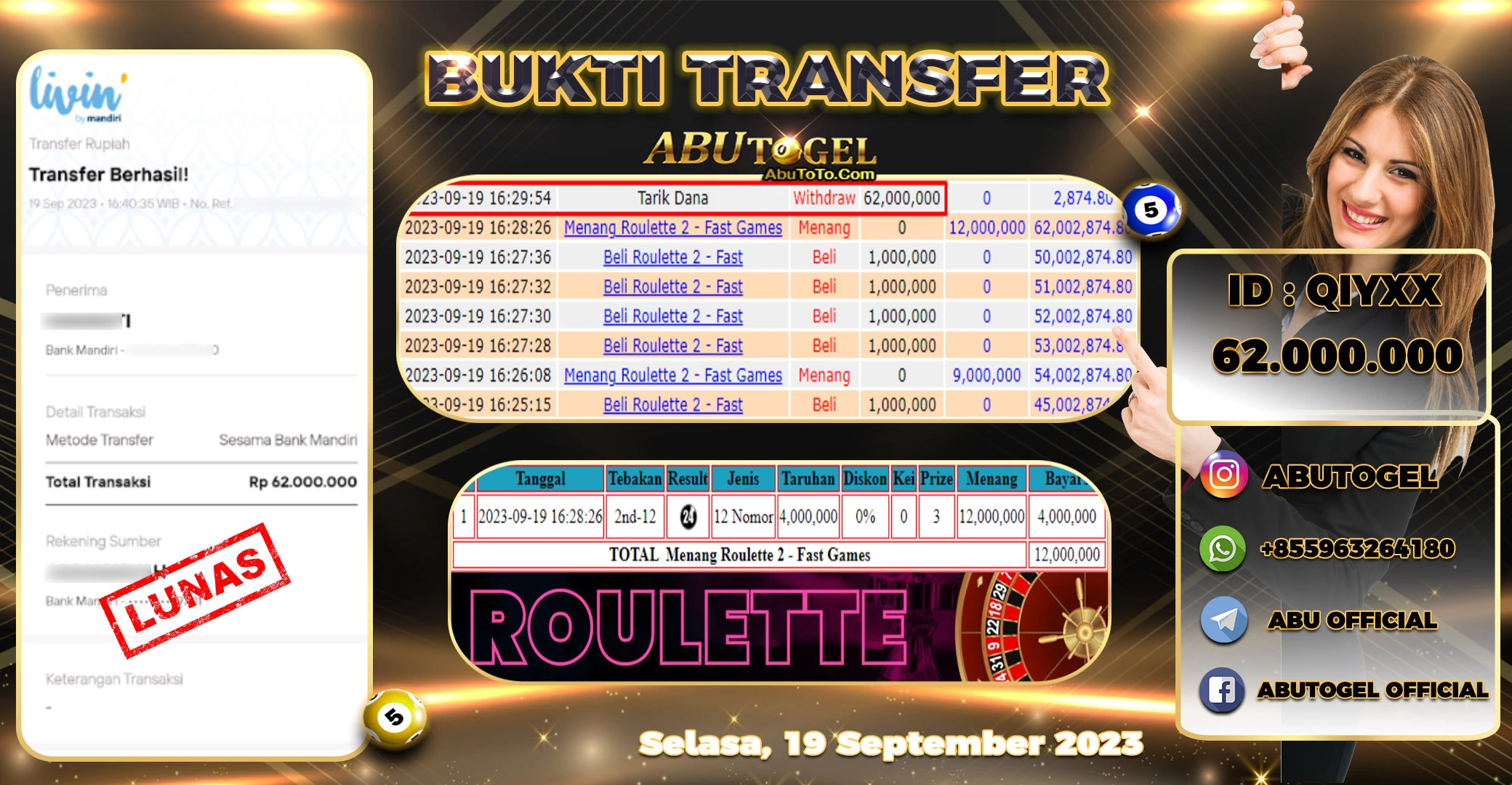 Bukti Jackpot Abu Togel Live Casino Selasa 19 September 2023