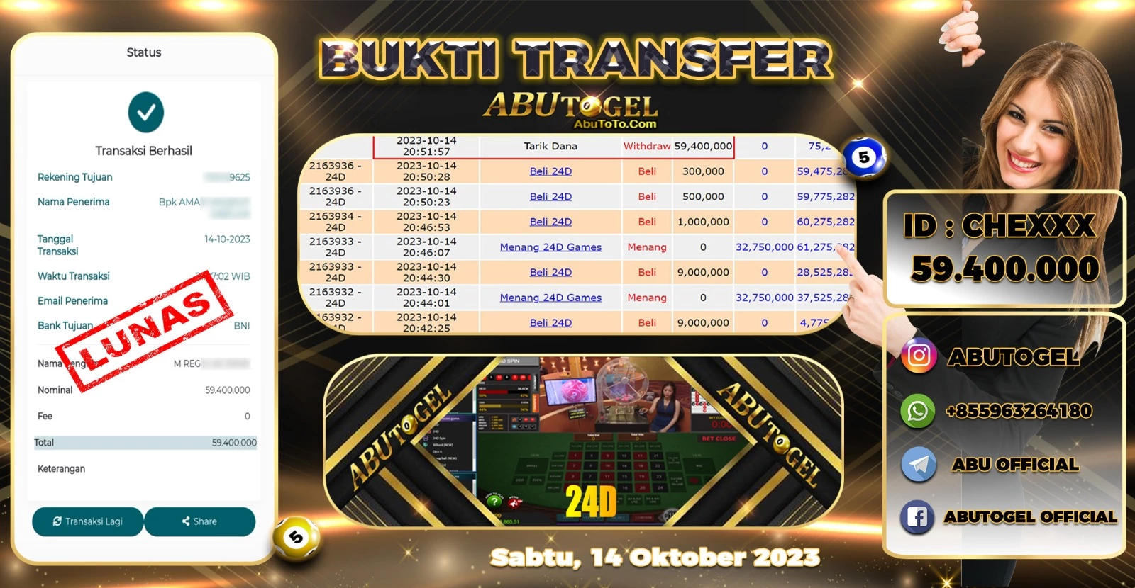 Bukti Jackpot Abu Togel Live Casino Sabtu 14 Oktober 2023