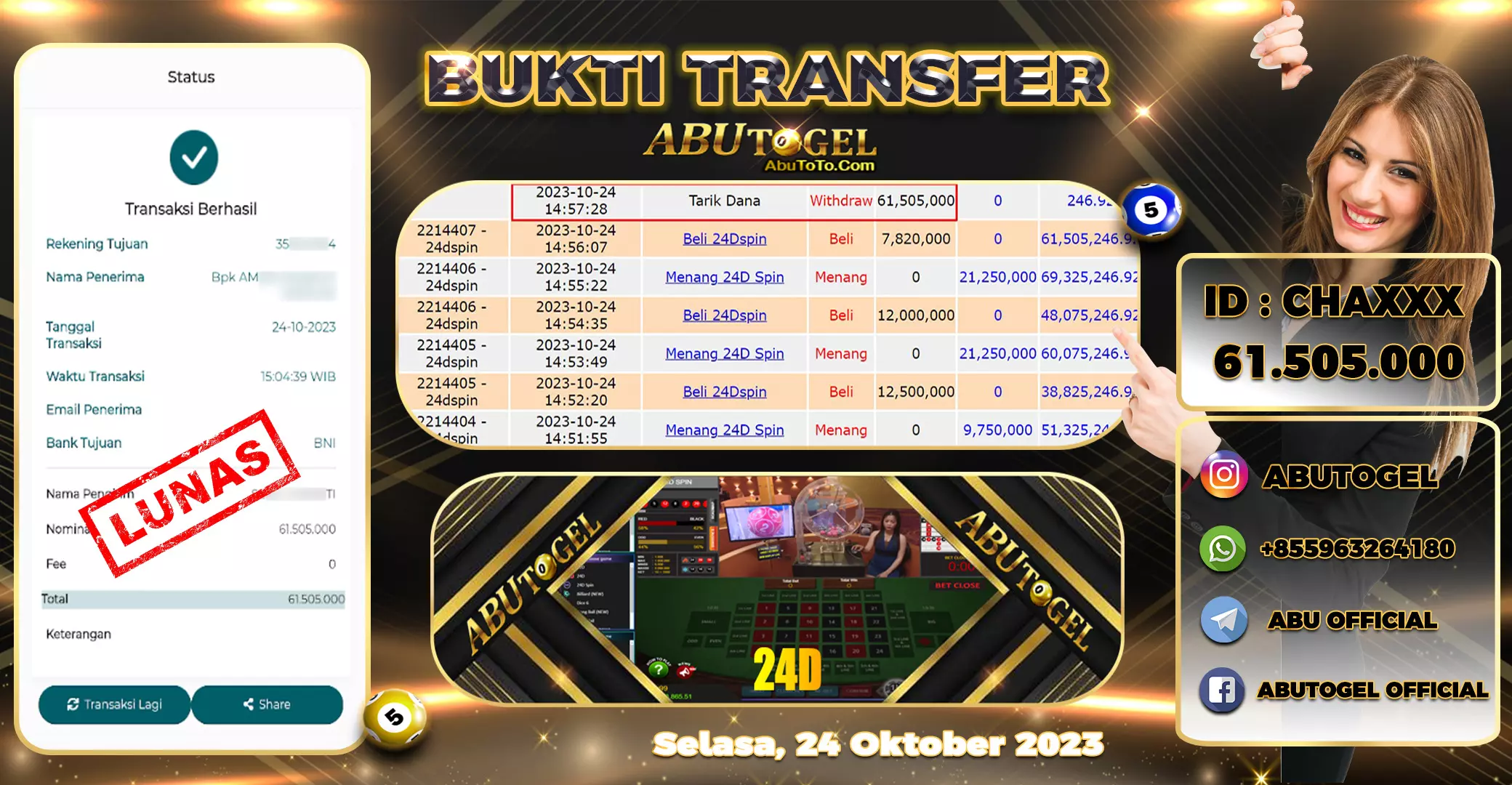 Bukti Jackpot Abu Togel Live Casino Selasa 24 Oktober 2023