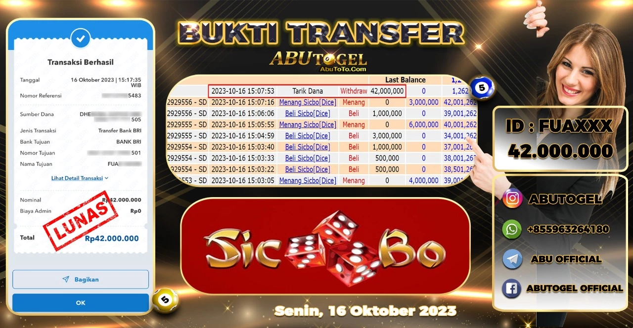 Bukti Jackpot Abu Togel Live Casino Senin 16 Oktober 2023