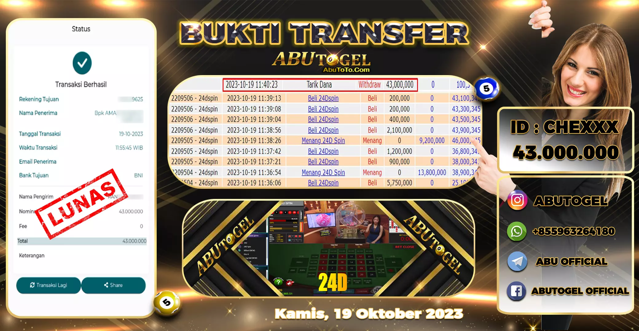 Bukti Jackpot Abu Togel Live Casino Kamis 19 Oktober 2023