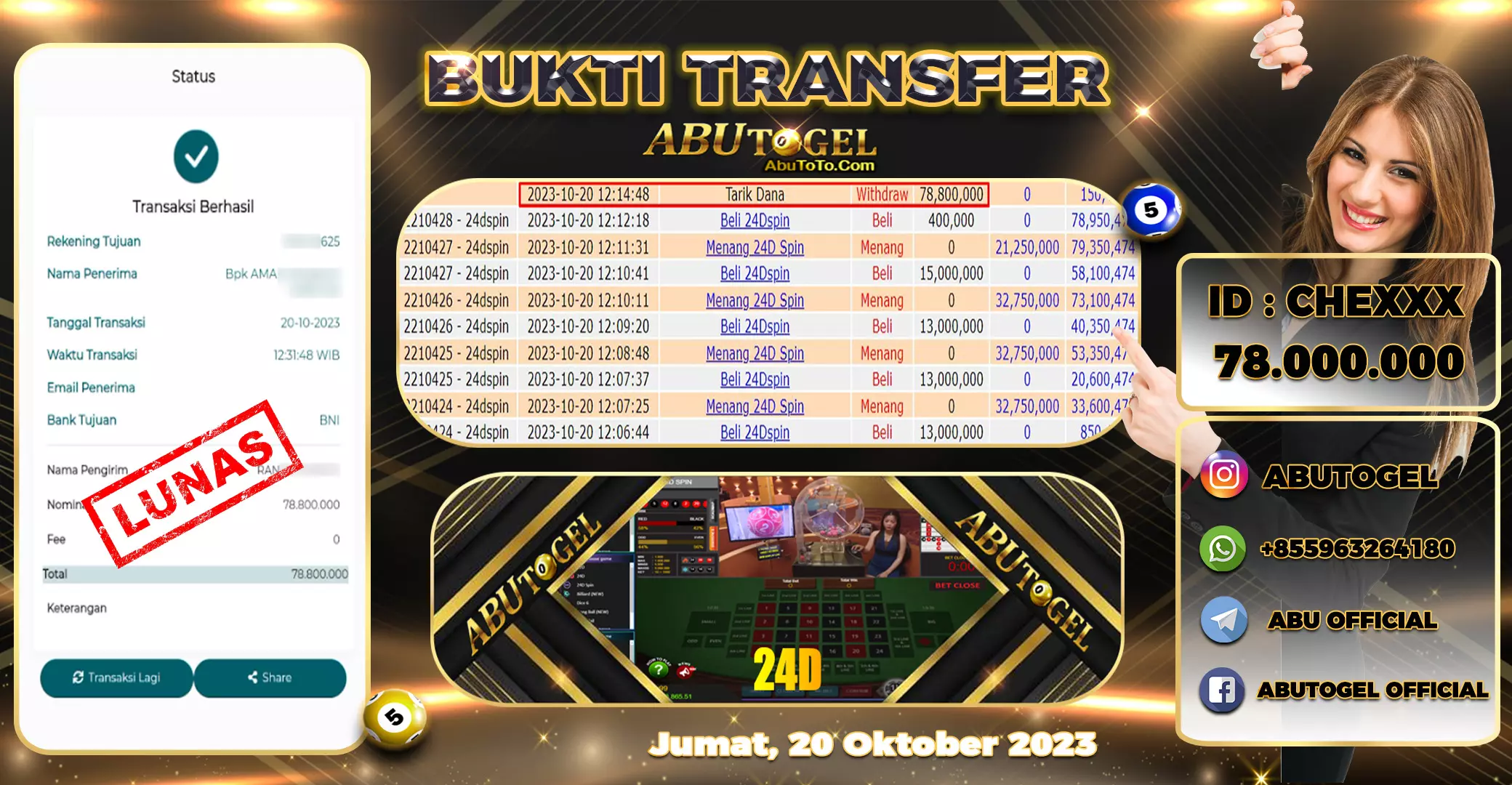 Bukti Jackpot Abu Togel Live Casino Jumat 20 Oktober 2023